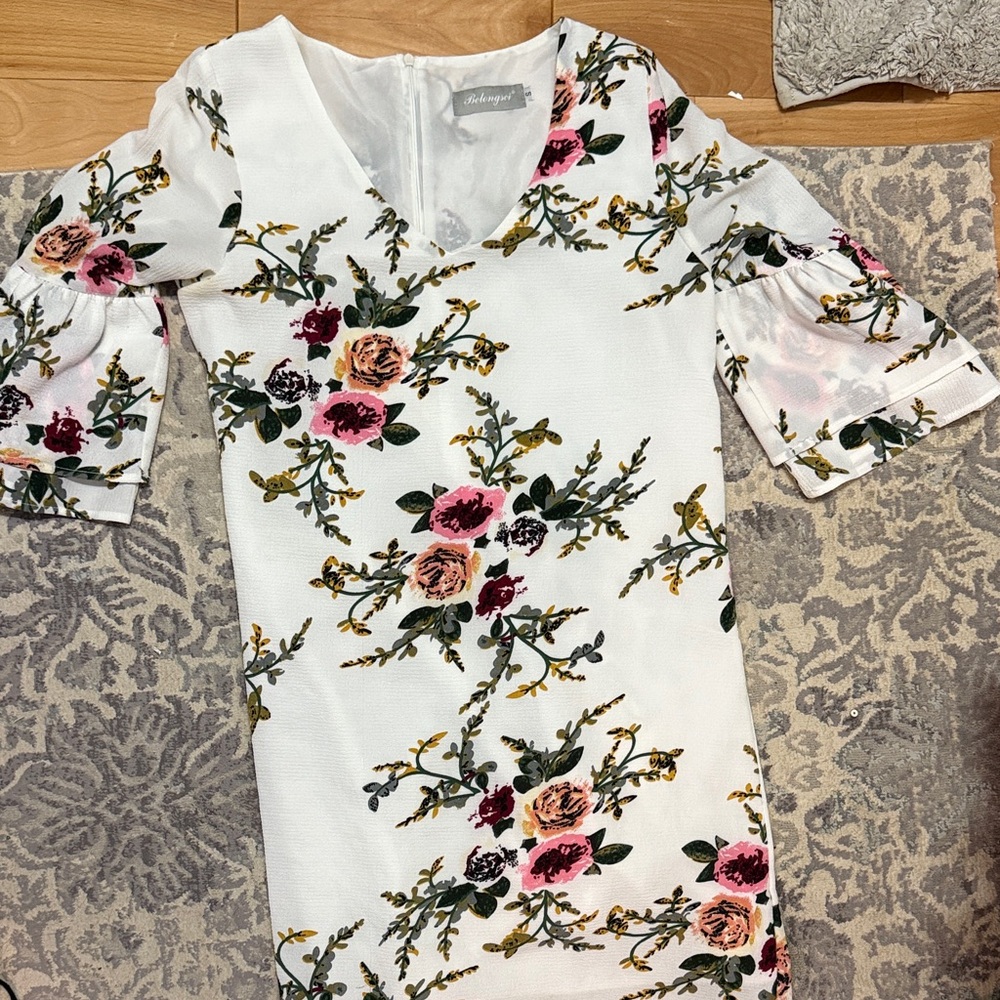 Anthropologie White Floral Long Sleeve Dress